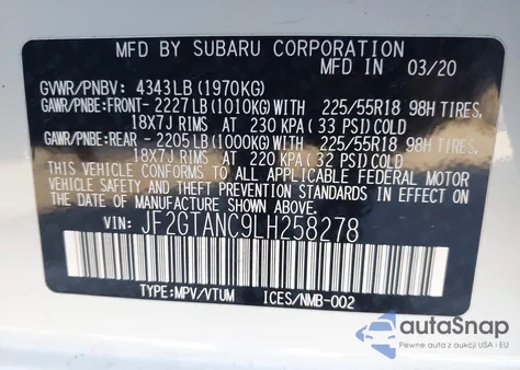 2020 Subaru Crosstrek Limited z USA, uszkodzony, nr VIN JF2GTANC9LH258278